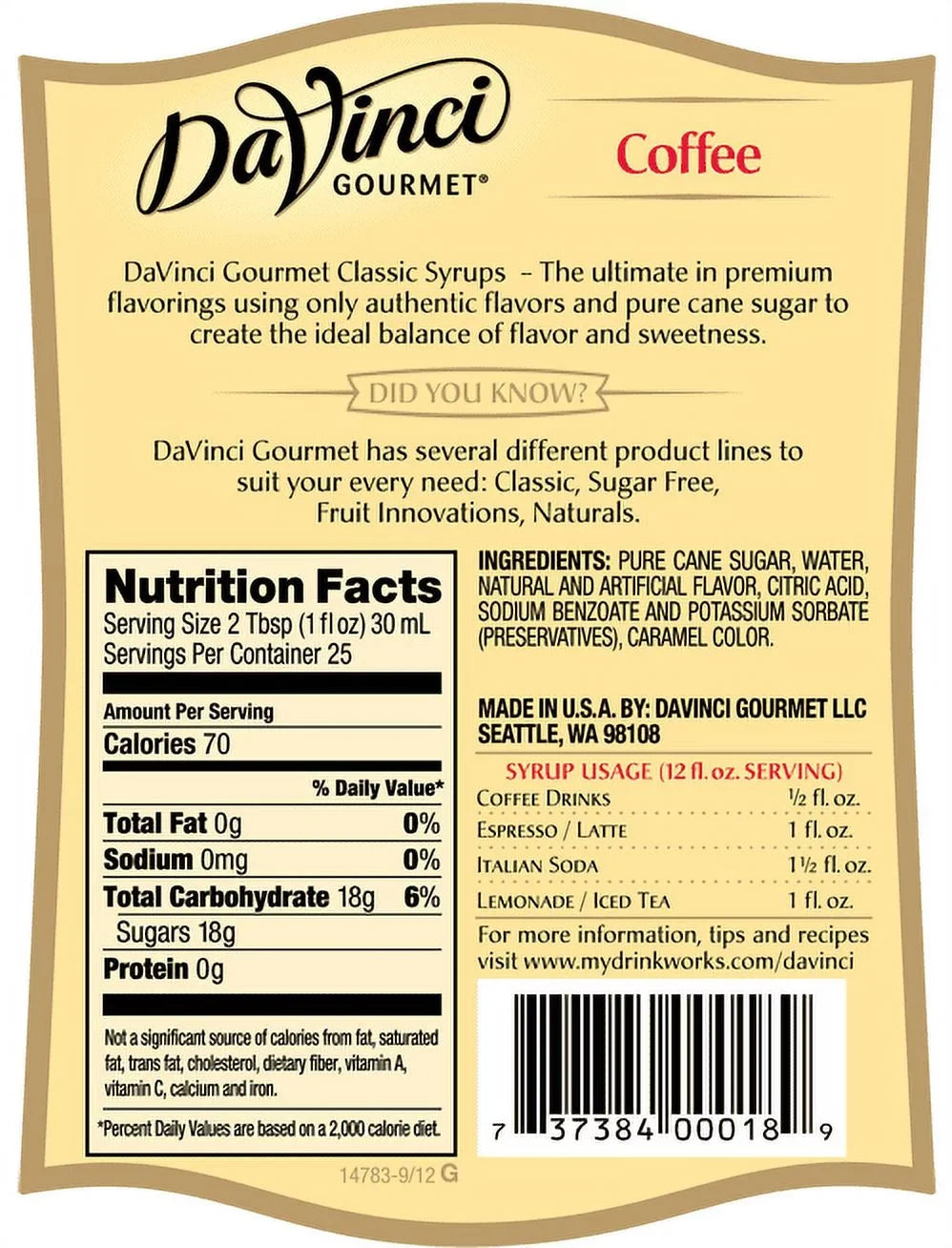 Da Vinci Classic Syrup, Coffee, 750 mL (Glass)