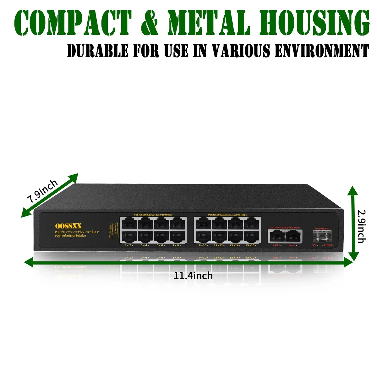 16 Port  Switch, Unmanaged Outdoor Computer Network Passthrough Powered Router, Networking Internet Ethernet Hub (16 Port PoE+/2 Gig Up-link/1 Fiber ) Power Extender Switches