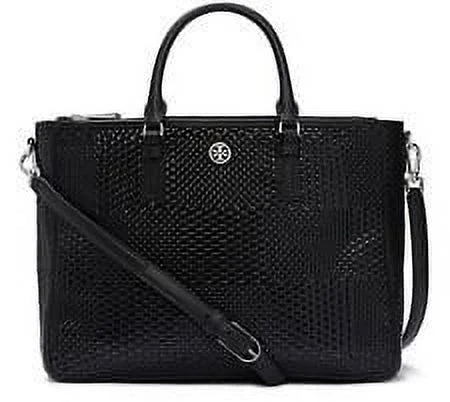 Tory Burch Robinson Double Zip Woven Leather Multi Tote Black Leather Bag