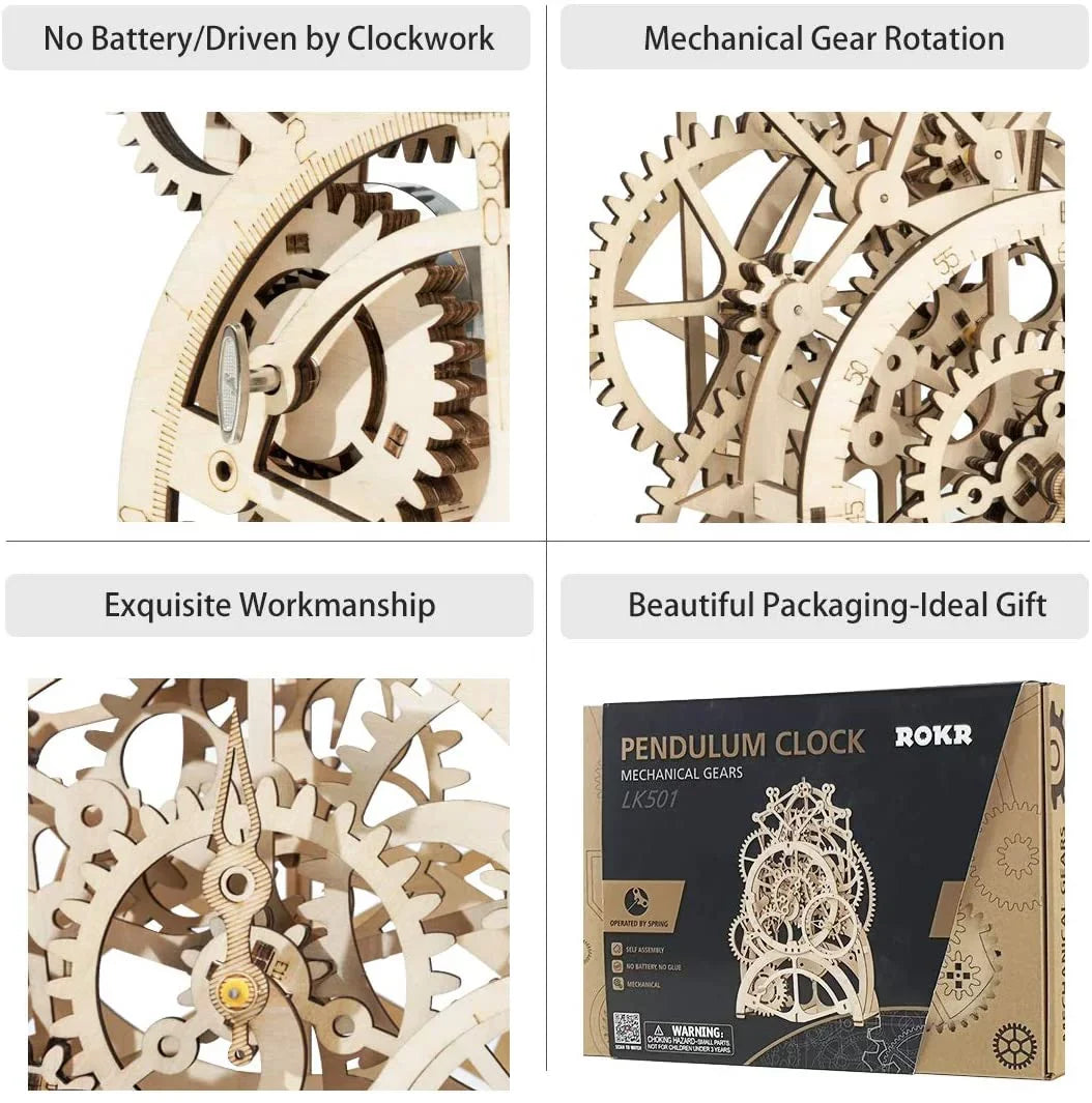 Robotime 3D Wooden Mechanical Pendulum Clock Puzzle,Mechanical Gears Toy Building Set Birthday Gifts for Kids Adults to Build