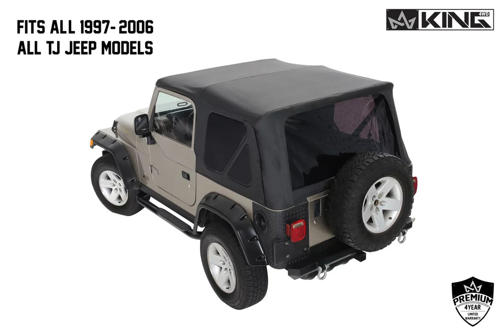 1997-2006 Fits Jeep Wrangler  King 4WD Premium Replacement Soft Top Without Upper Doors Black Diamond With Tinted Windows 14010235