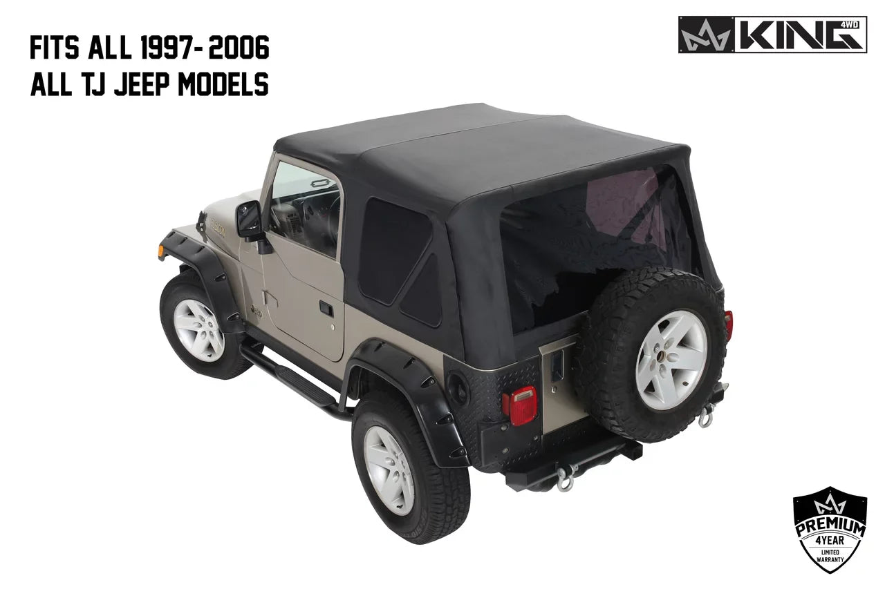 1997-2006 Fits Jeep Wrangler  King 4WD Premium Replacement Soft Top Without Upper Doors Black Diamond With Tinted Windows 14010235