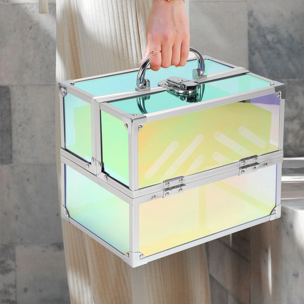 Makeup Train Case Cosmetics Organizer, Iridescent Translucent, 4 Trays, 6.7"x 9.85"x 7.9"