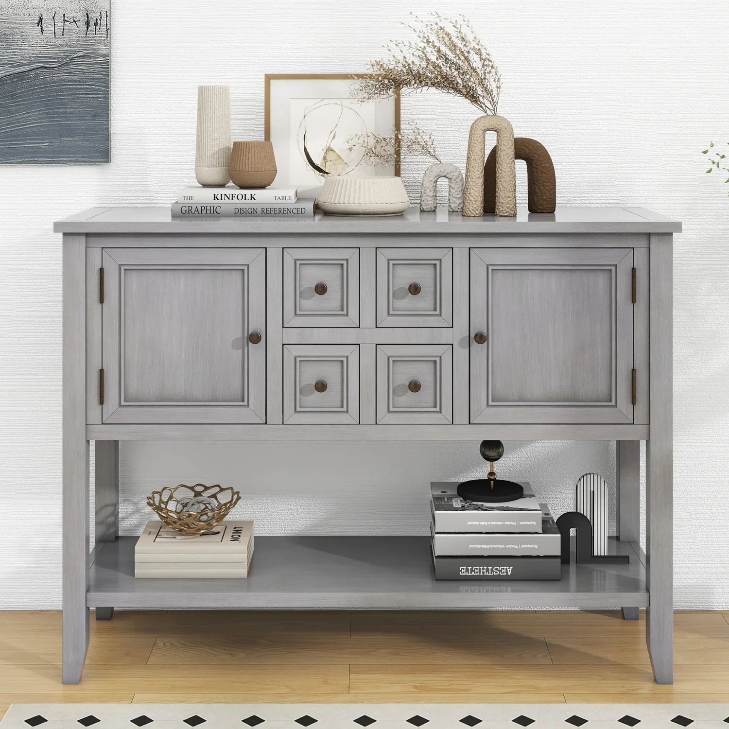 Vintage Ample Storage Cambridge Series Espresso Console Table with Four Small Drawers and Bottom Shelf for Living Rooms  Entrances  and Kitchens -  (  WF190263AAP)