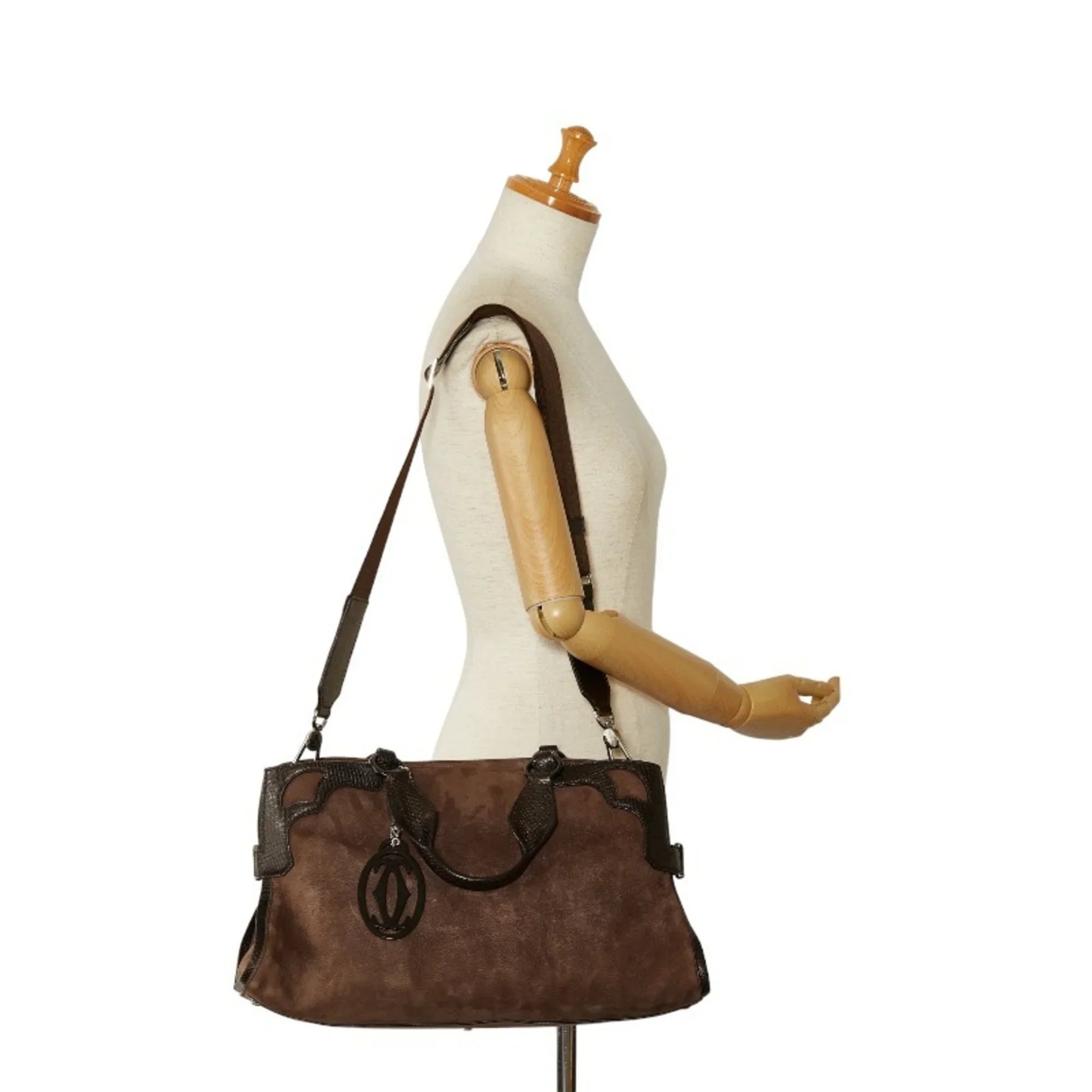 Pre-Owned Cartier Marcello Handbag Brown Suede Leather Ladies  (Good)