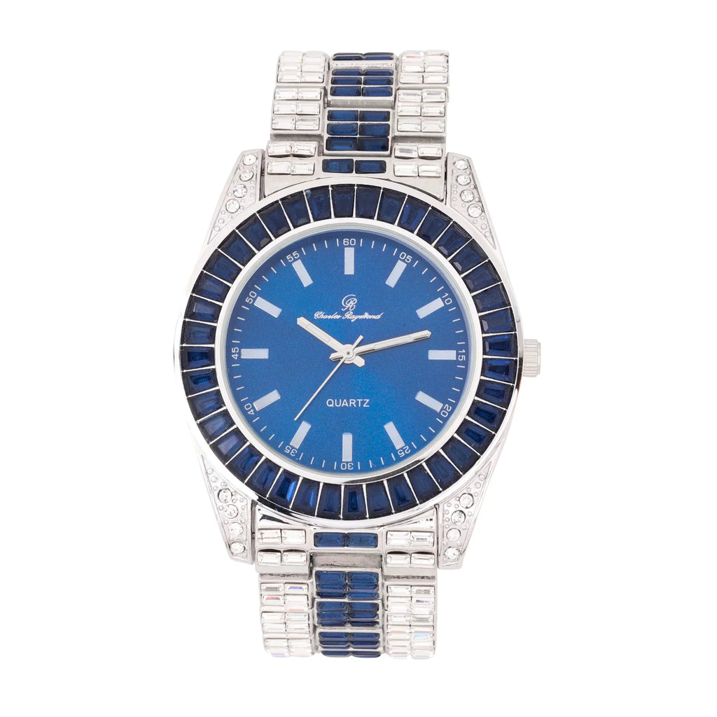 Watch on and Bust Down The Wrist with Lotta of The Whitest and Colorful Crysal Clear Flawless Baquettes! Newest Bling'ed Out Charles Raymond Timepiece - ST10377S Jet Blue