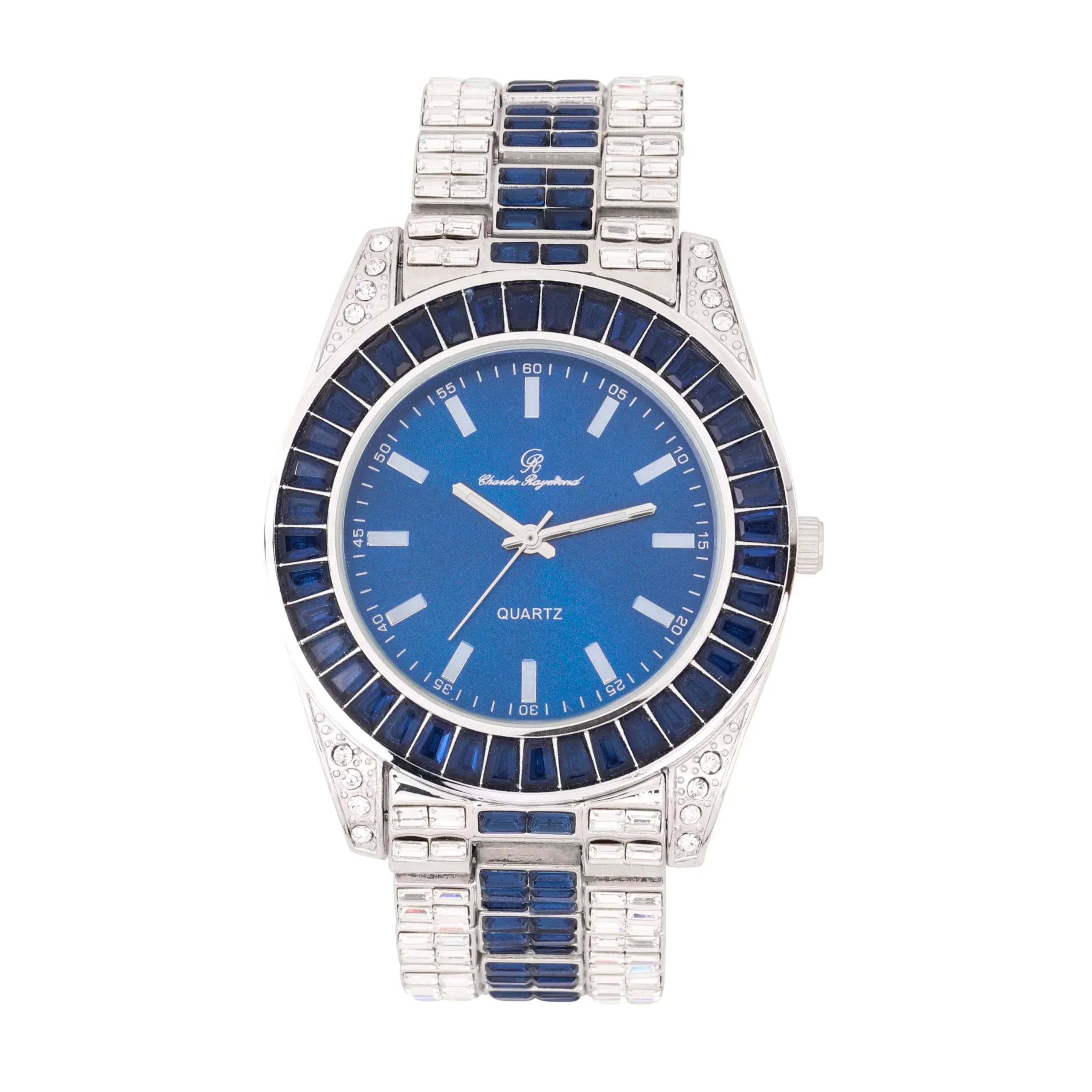 Watch on and Bust Down The Wrist with Lotta of The Whitest and Colorful Crysal Clear Flawless Baquettes! Newest Bling'ed Out Charles Raymond Timepiece - ST10377S Jet Blue