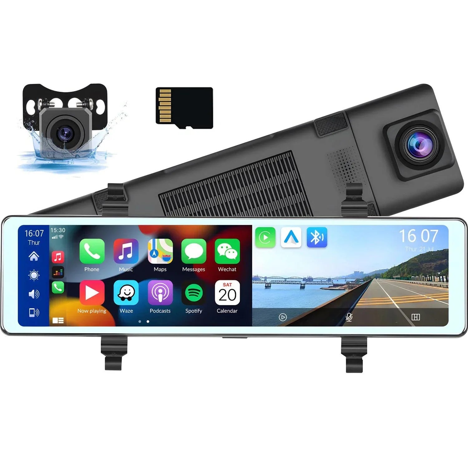 Mirror Dash Cam with Wireless Apple Carplay&Android Auto,11.26" Voice Control Rear View Mirror 1080P Front and Rear View Dual Cameras, Transmitter,Night Vision,Parking Assistance, ,Loop Recording