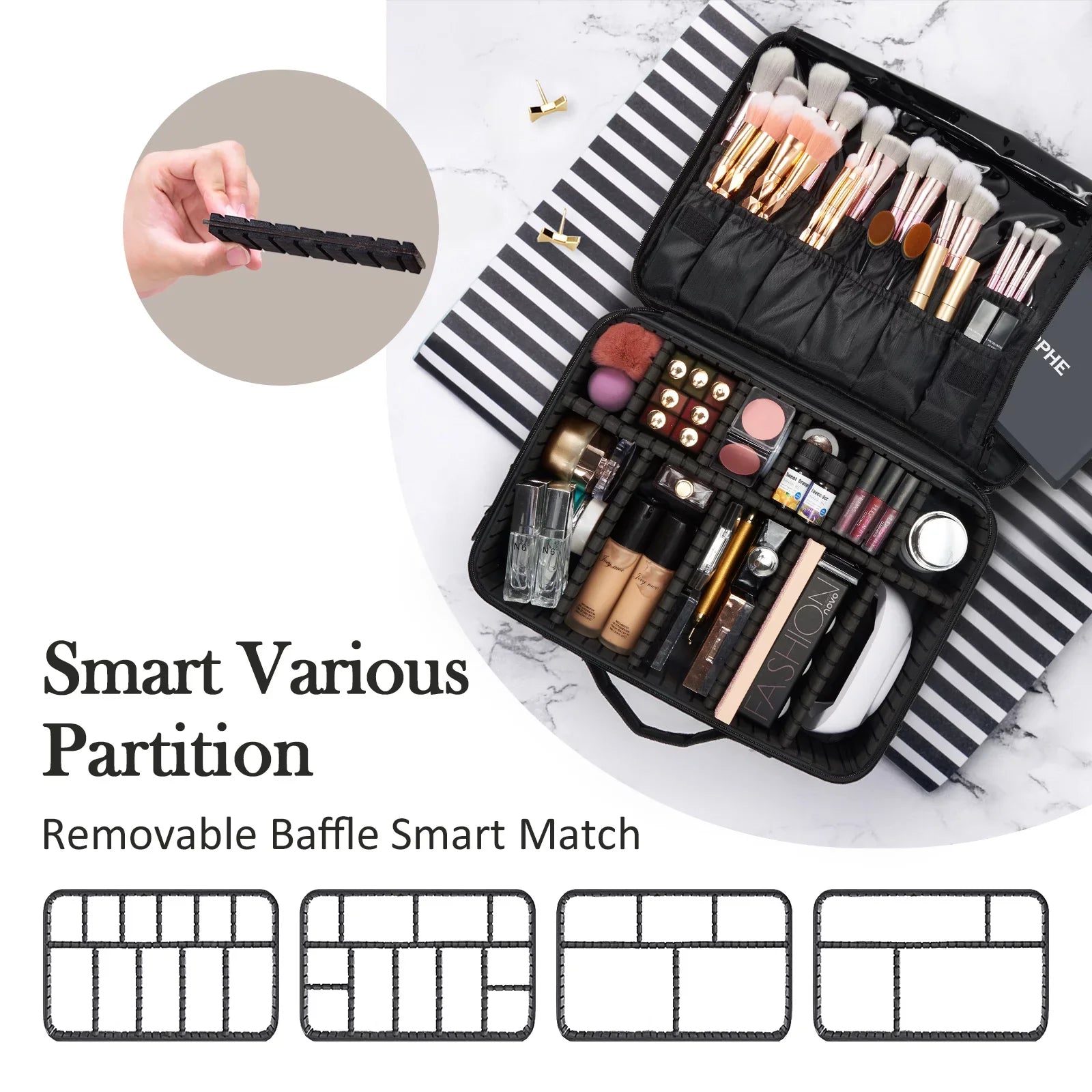 Extra Large Travel Makeup Bag Cosmetic Case Organizer Beauty Train Case with Shoulder Strap and Dividers Compartment, Black