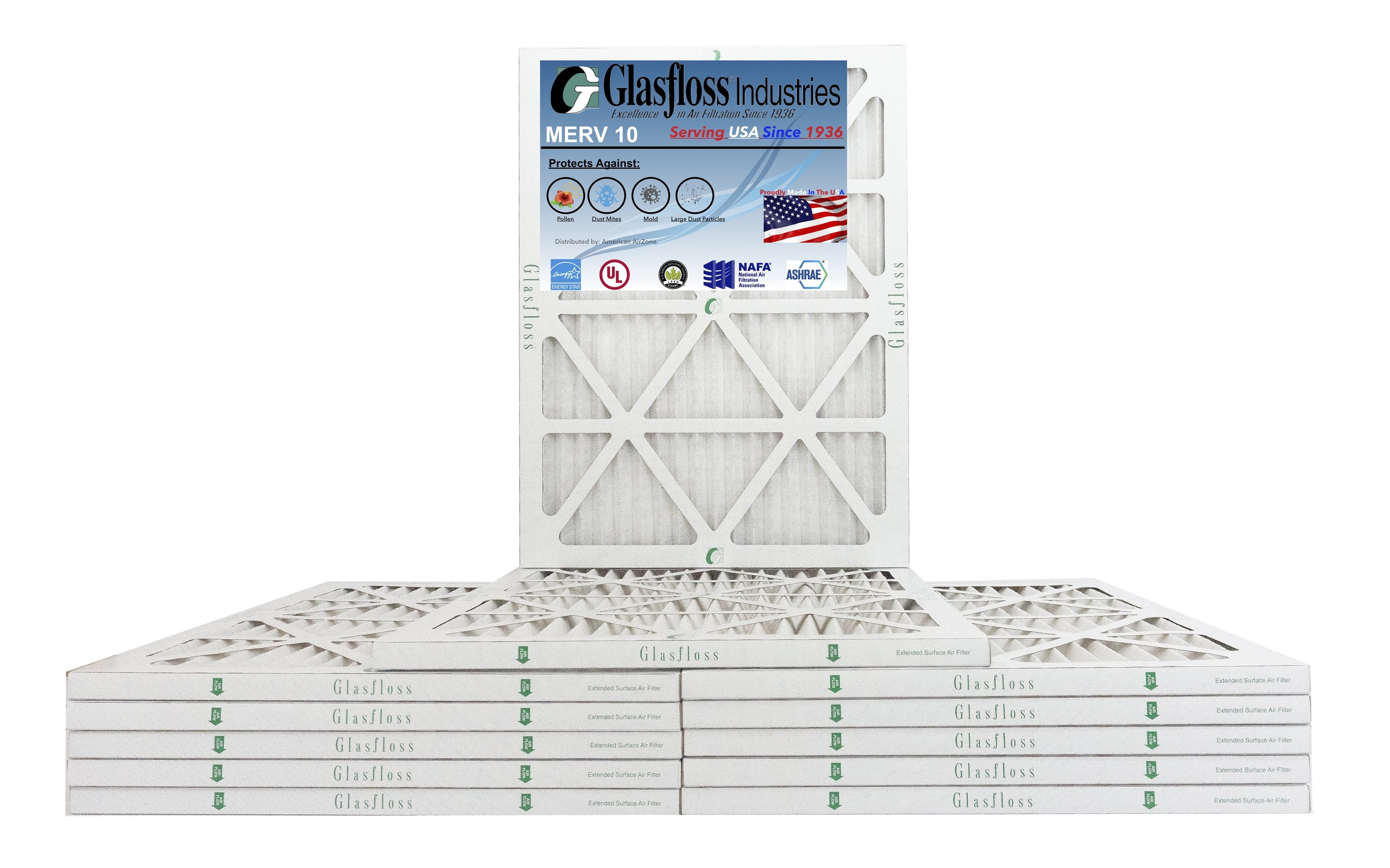Glasfloss 22x36x1 -  10 -Qty:12 - Furnace Air Filter - Made in  (Actual Size: 21.5 x 35.5x7/8 inch)