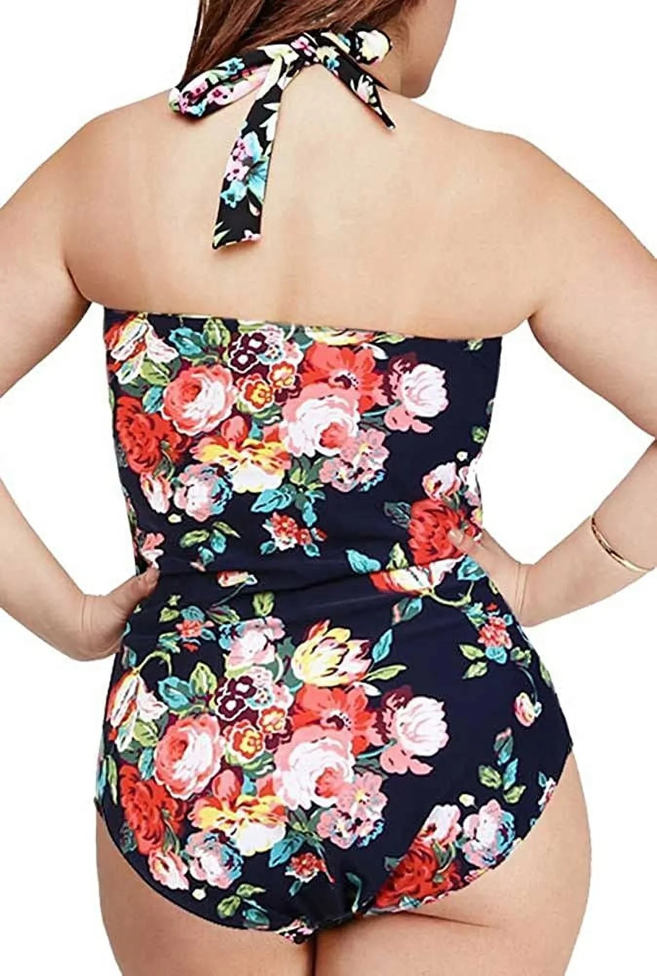 QZUnique Women's One Piece Bathing Suit Tummy Control Swimwear Halter Ruched Swimsuit Plus Size Vintage Monokini