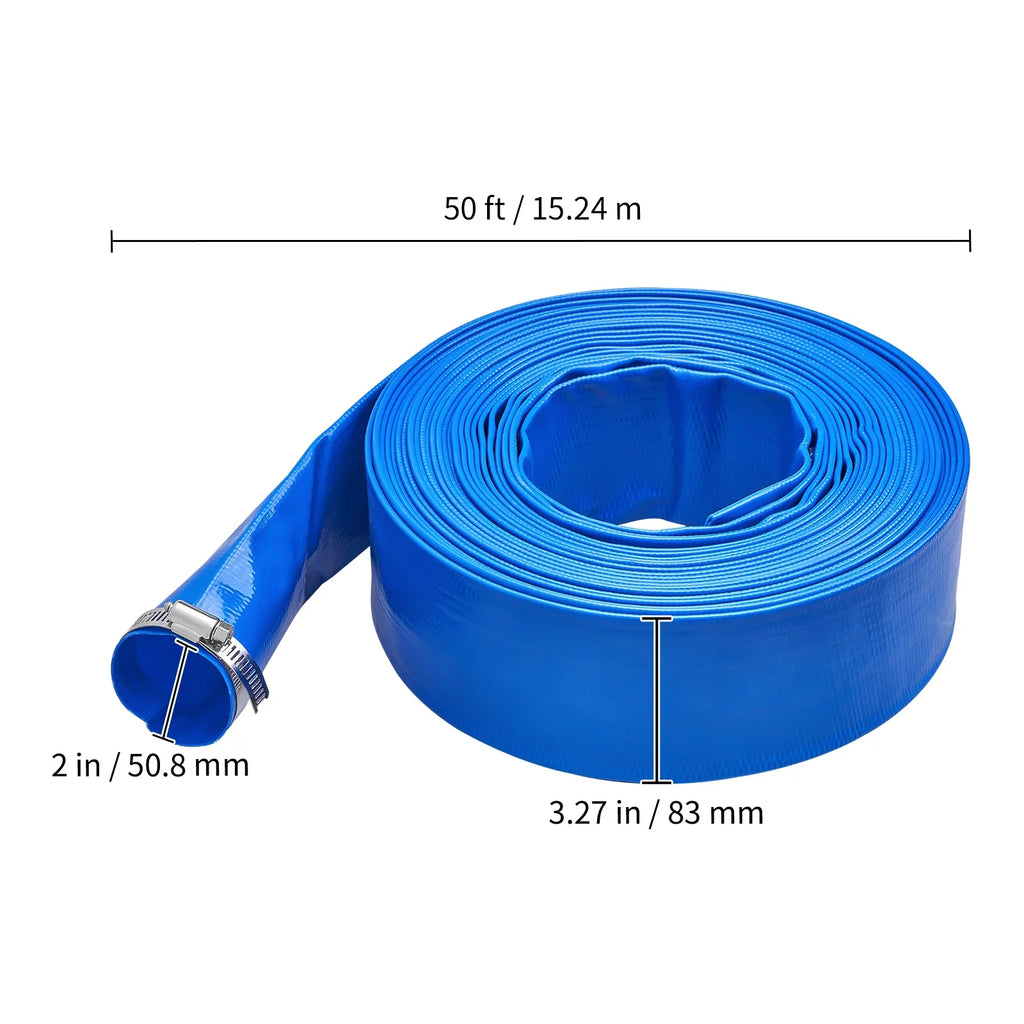 Swimming Pool Filter Backwash Hose with Clamps 2'' x 50' Premium  Lay Flat Discharge Hose Blue Weather and Chemical Resistant