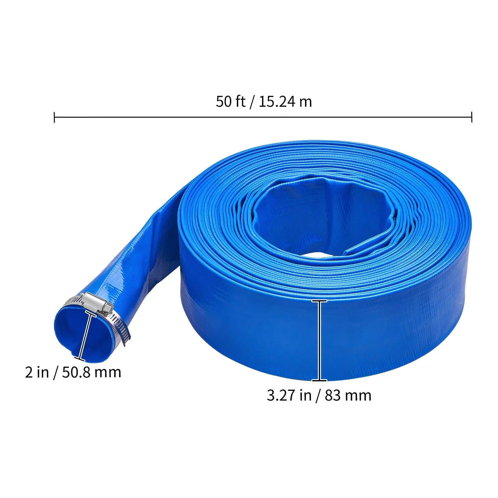 Swimming Pool Filter Backwash Hose with Clamps 2'' x 50' Premium  Lay Flat Discharge Hose Blue Weather and Chemical Resistant