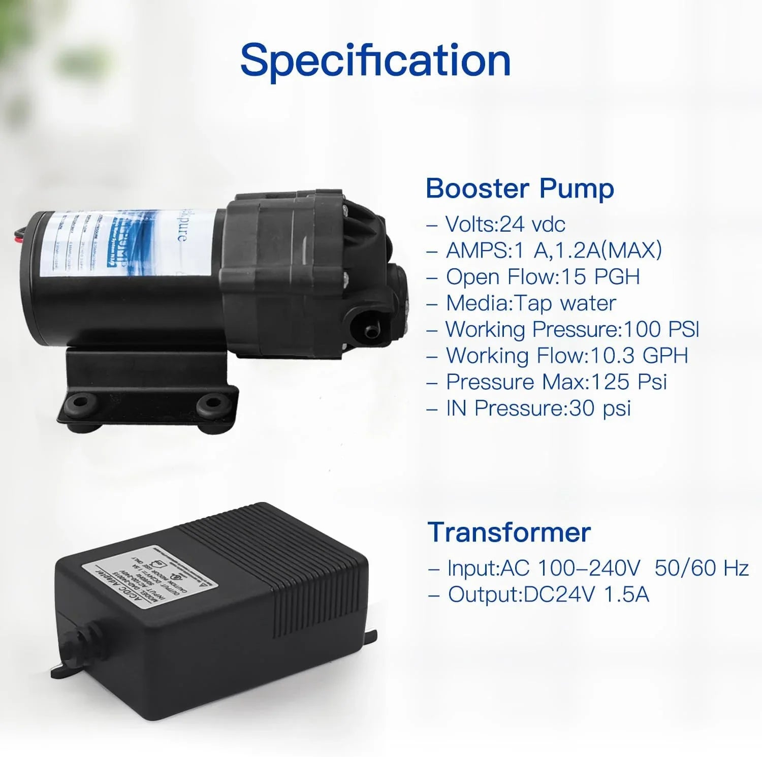 Reverse Osmosis Booster Pump Kit with Transformer + High and Low Pressure Switches + Fittings for 50-150   System