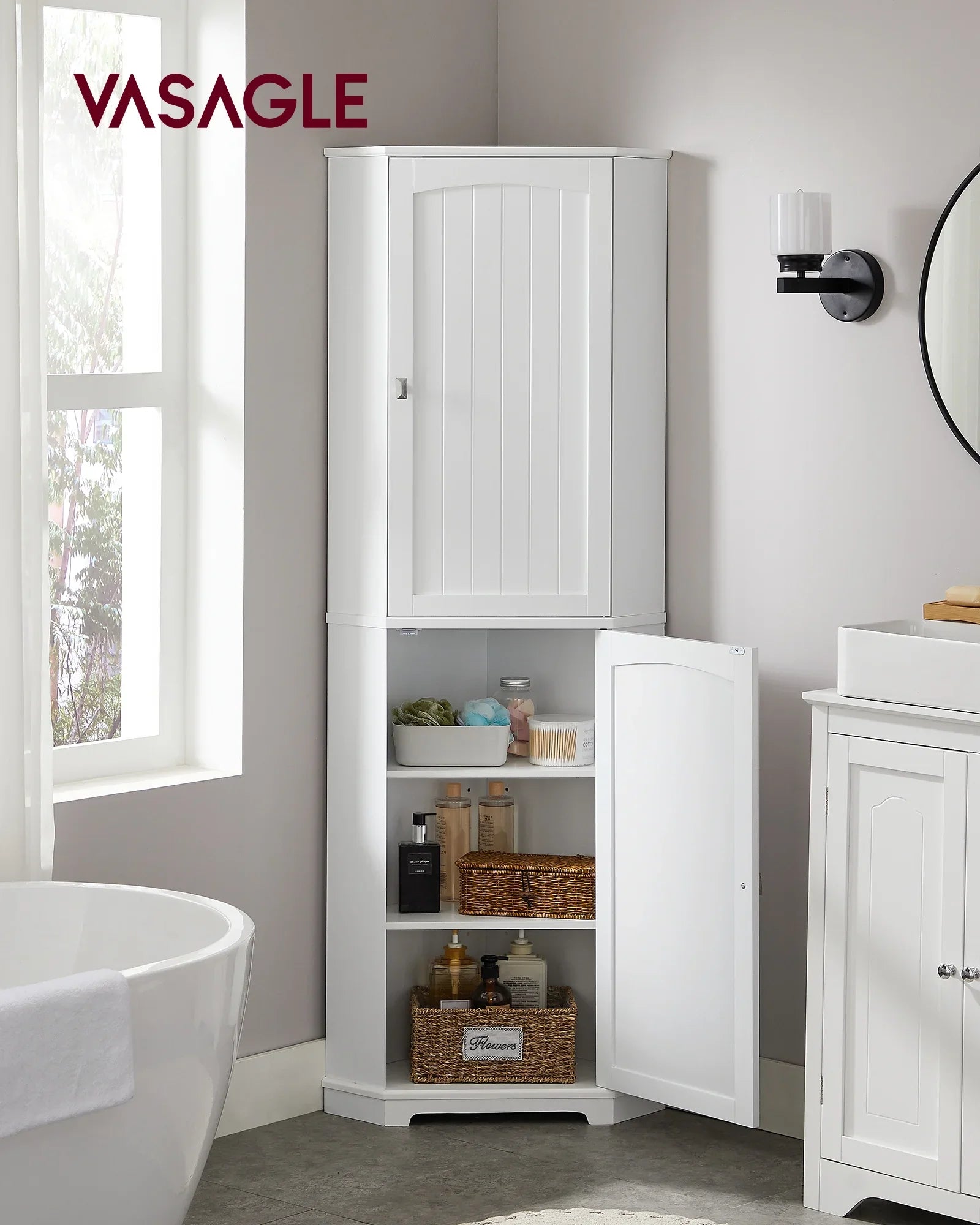 Floor Cabinet Bathroom Storage Cabinet with 2 Doors and 4 Adjustable Shelves Tall Corner Cabinet Modern Farmhouse Design, White