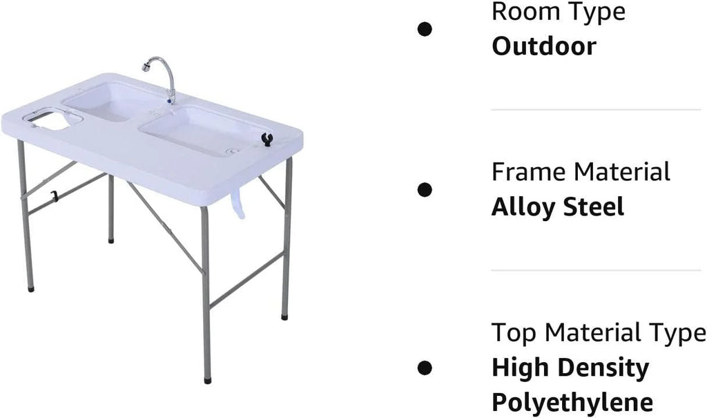 Folding Camping Table with Faucet and Dual Water Basins, Outdoor Fish Table Sink Station, for Picnic, Fishing, 40''