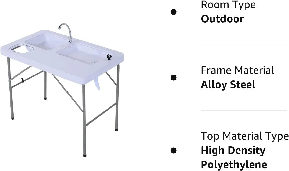 Folding Camping Table with Faucet and Dual Water Basins, Outdoor Fish Table Sink Station, for Picnic, Fishing, 40''