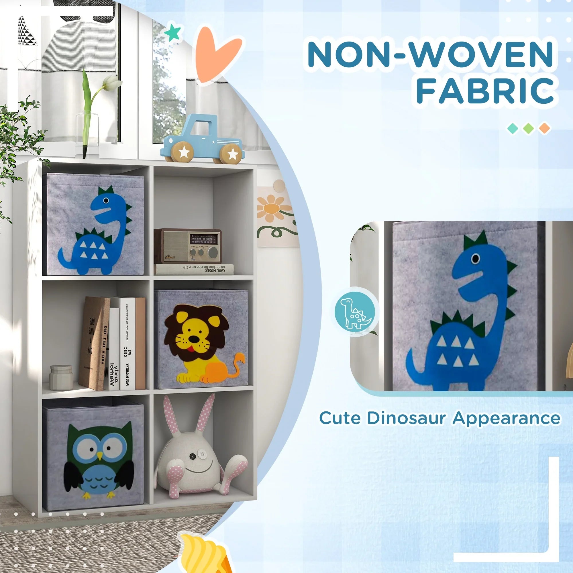 Qaba Children's Toy Storage with 3 Storage Bins & Cute Animal Design, White