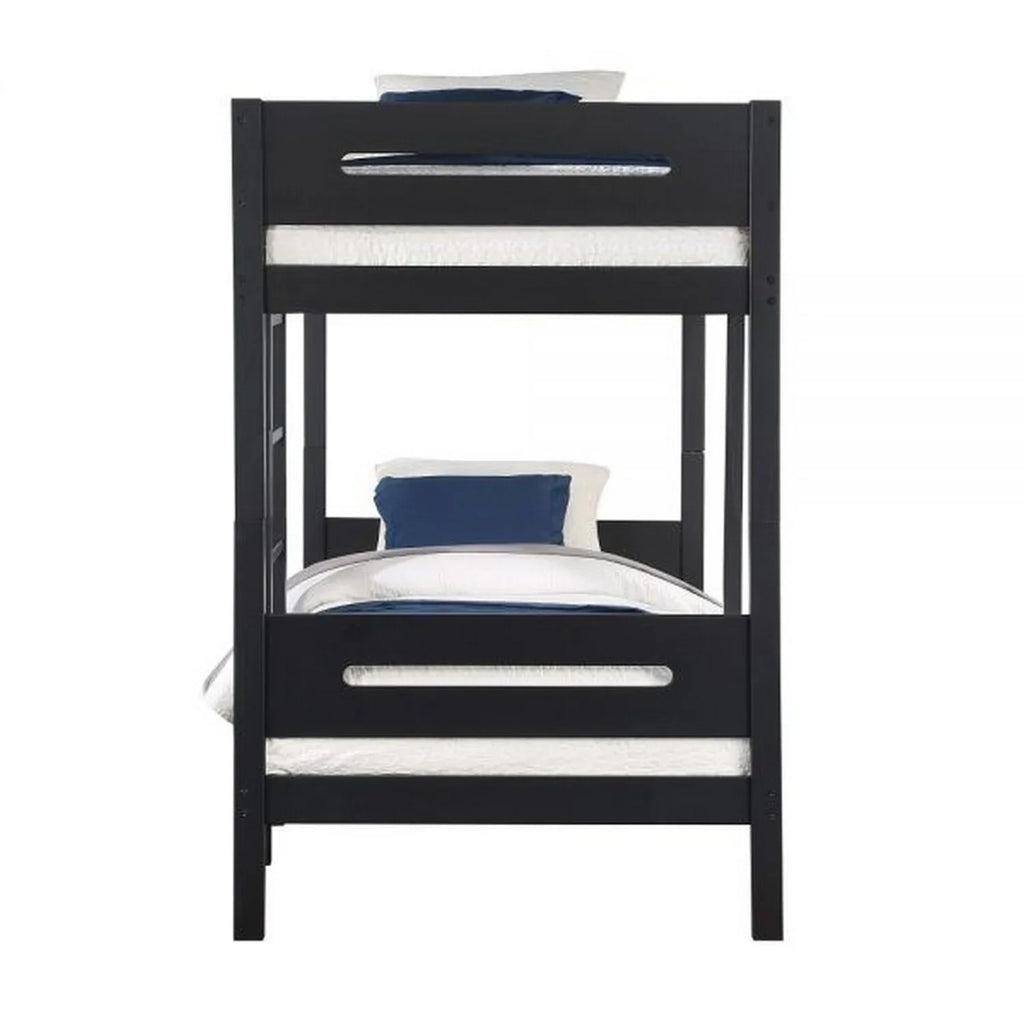 Benjara  Asin Bunk Bed with Front Facing Ladder Solid Pine Wood, Black - Twin Size