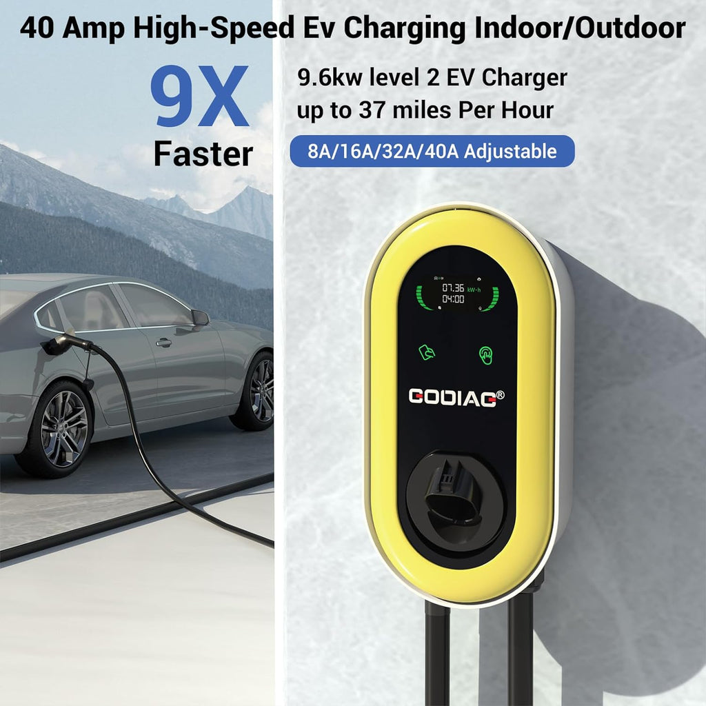 Hardwired Level 2  Charger, 40Amp/9.6kw 240V Wall-Mount Indoor Outdoor Electric Car Fast Home Charging Station with 25ft Cable