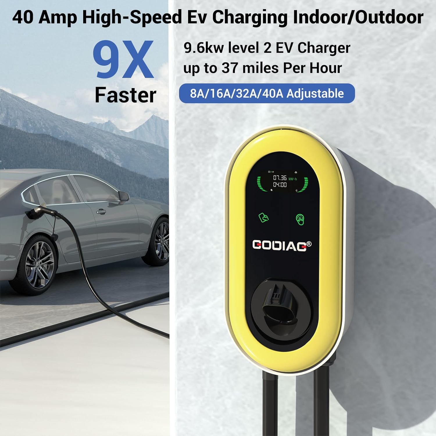 Hardwired Level 2  Charger, 40Amp/9.6kw 240V Wall-Mount Indoor Outdoor Electric Car Fast Home Charging Station with 25ft Cable