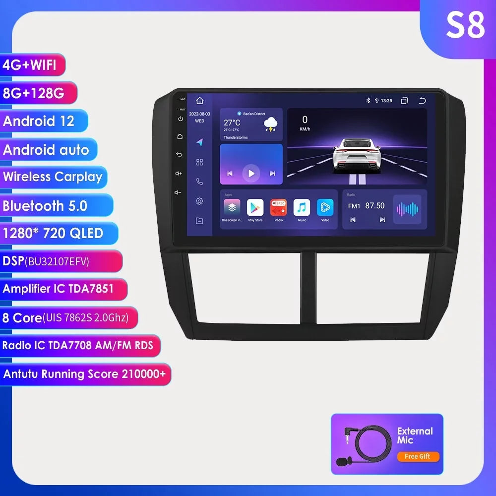 For Subaru Forester Impreza   2008-2014 Android 12  Navigation Wifi 8+128GB  Car Stereo Radio Head Unit Carplay Bluetooth