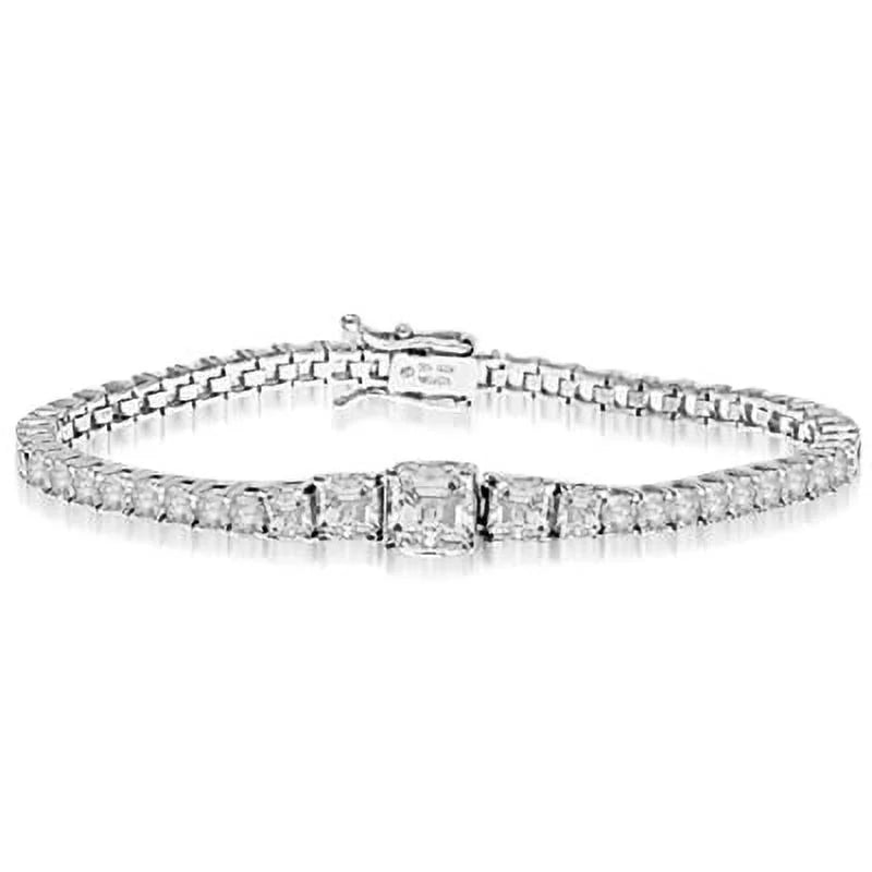 Prong Set Designer Bracelet with Simulated Asscher Cut Diamonds by Diamond Essence set in 14K Solid White Gold