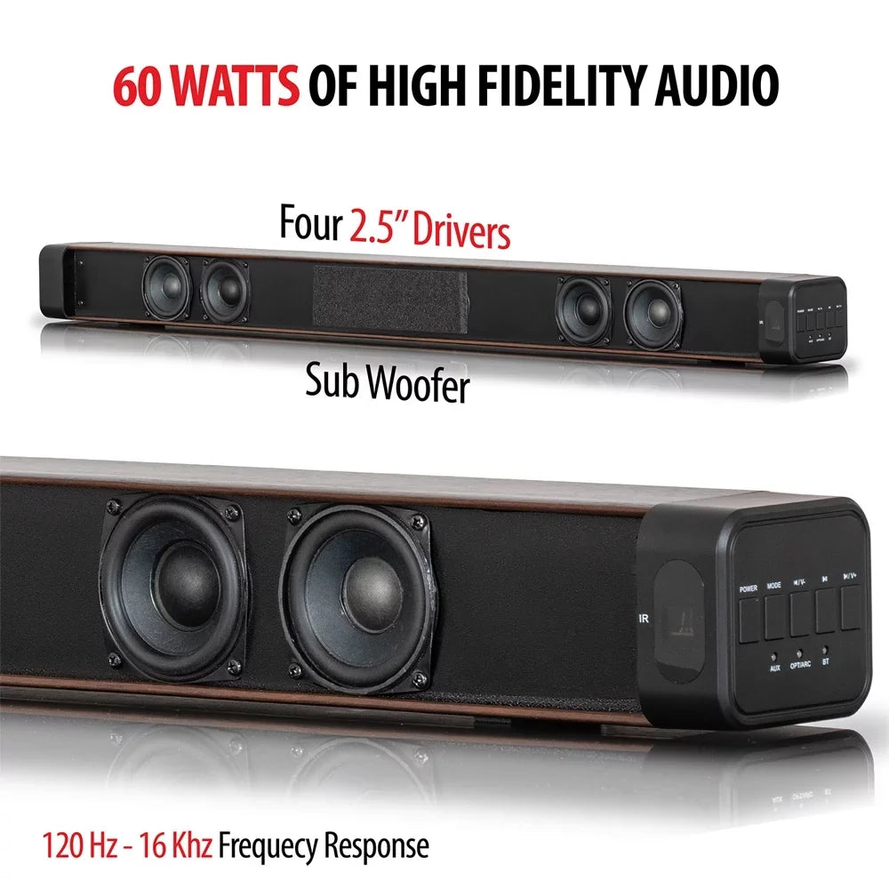 Restored Deco Gear SB200WOD 60W 2.0 Channel Soundbar with Builtin Dual Subwoofers and Four 2.5 inch Drivers (Refurbished)