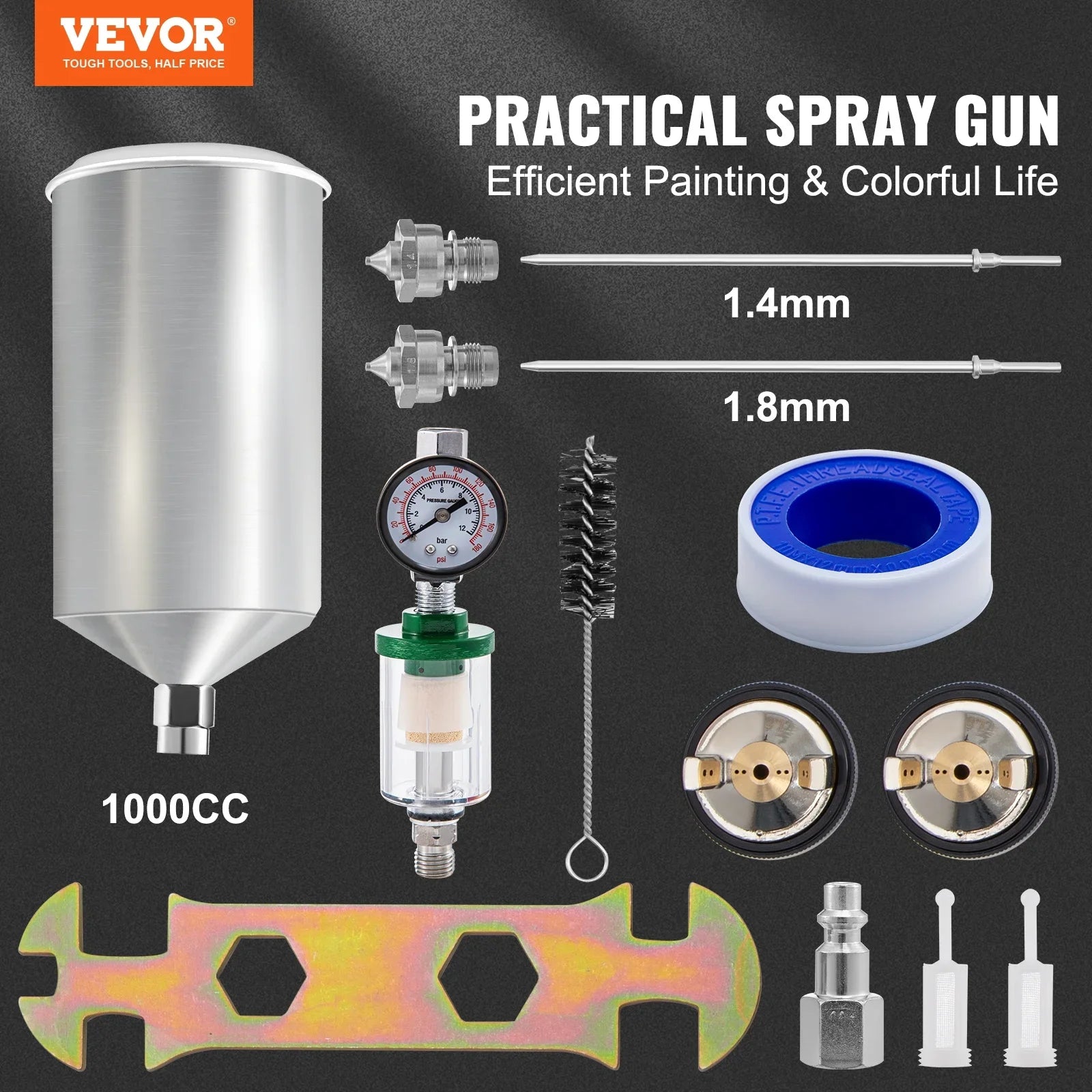 Air Spray Gun Kit Paint Gun Gravity Feed  1.3/1.4/1.8 mm Nozzle
