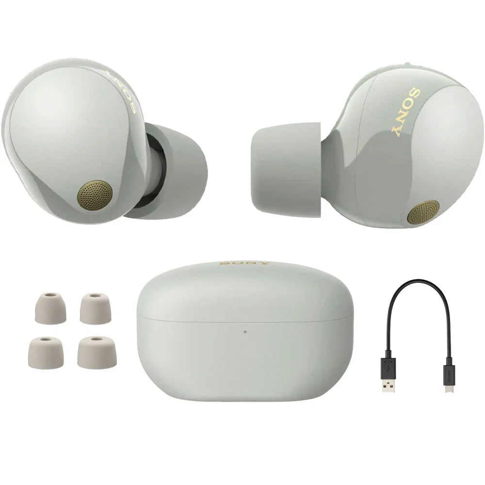 Sony -1000XM5 Industry Leading Noise Canceling Truly Wireless Earbuds (Silver) Bundle with Silicone Case (Red), Memory Foam Ear Tips, -A to -C Cable & 1   Enhanced Protection Pack