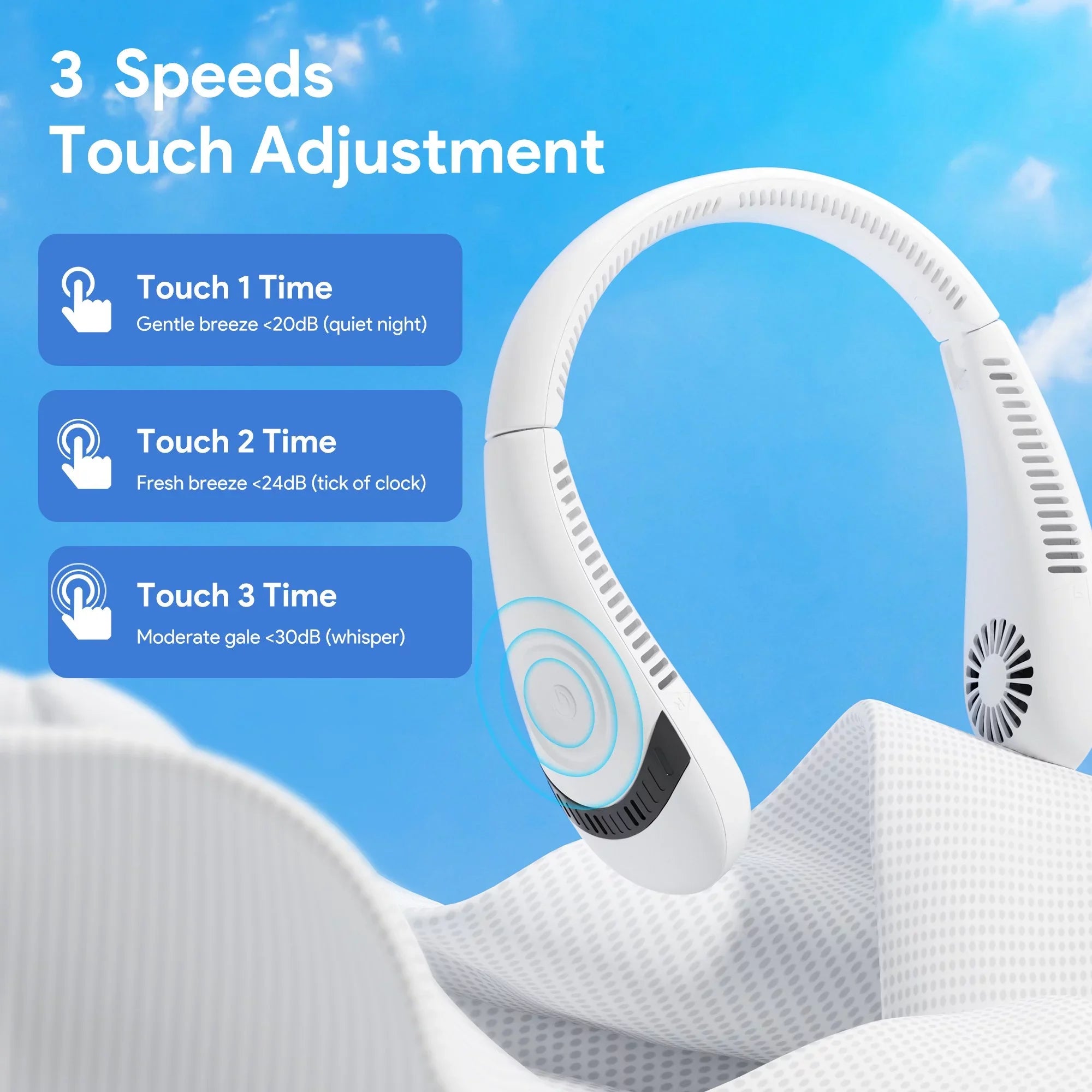 Folding Neck Fanwtith  Display, 360°Airflow 5000mAh  Rechargeable Mini Neck Fan Bladeless 3 Speeds Portable Summer Cooling Fans, White