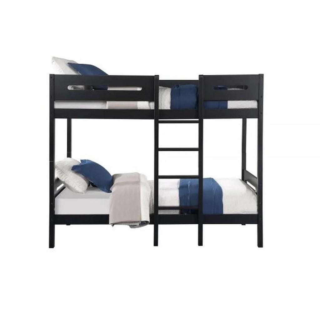 Benjara  Asin Bunk Bed with Front Facing Ladder Solid Pine Wood, Black - Twin Size