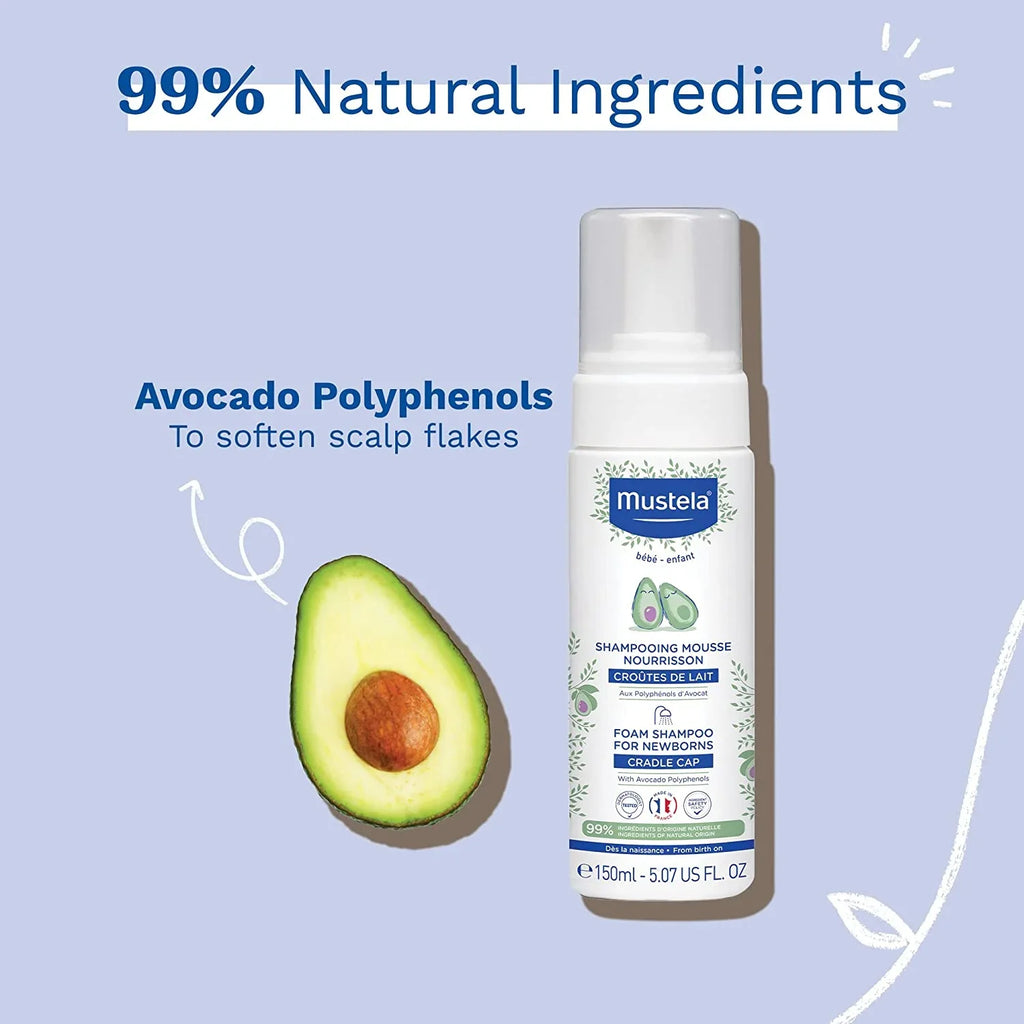 Mustela Cradle Cap Foam Shampoo for Newborn - Baby Shampoo with Natural Avocado - Tear-Free & Fragrance-Free - 5.07 fl. oz.