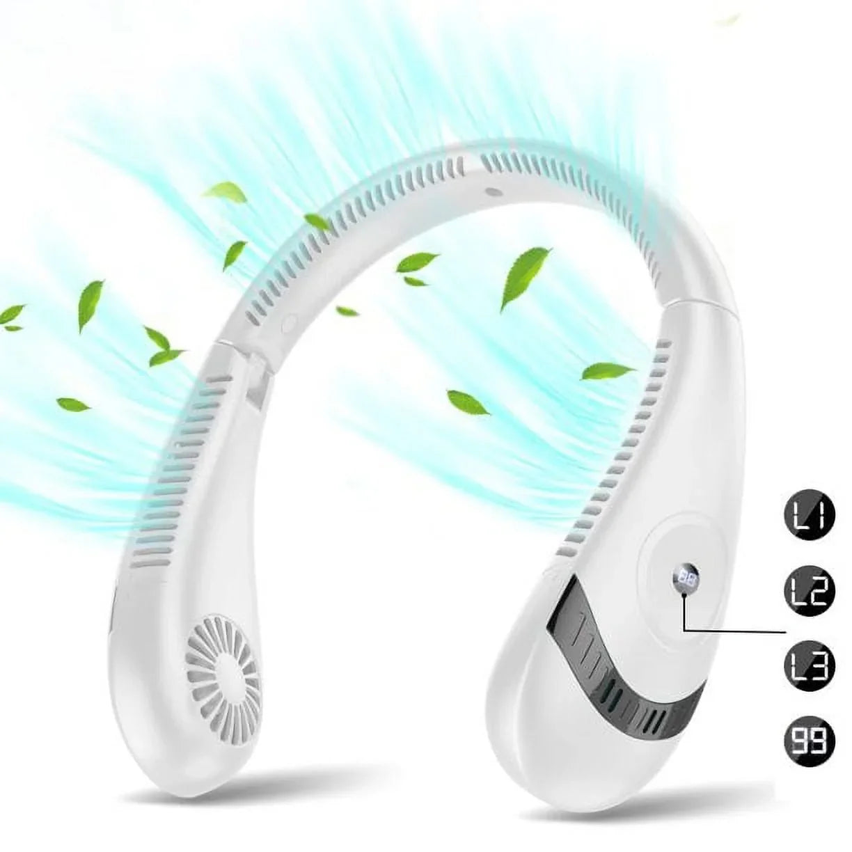 Folding Neck Fanwtith  Display, 360°Airflow 5000mAh  Rechargeable Mini Neck Fan Bladeless 3 Speeds Portable Summer Cooling Fans, White