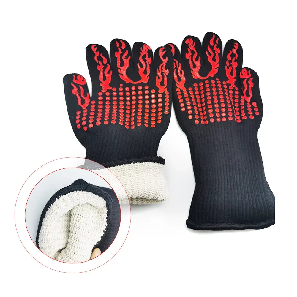 Barbecue Gloves with Silicone -slip Stripe Heat Proof Oven Gloves 500~800℃ Heat Resistant Grill Gloves for Outdoor Barbecue Garden Grilling Kitchen Cooking Welding