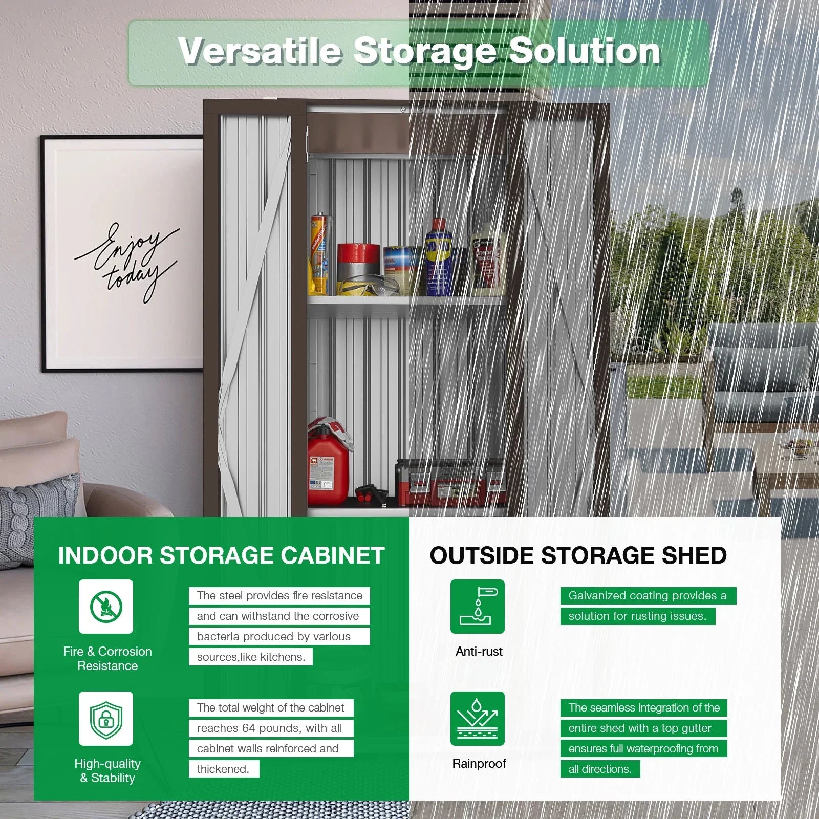 70" Metal Storage Cabinet with Doors and Shelves Outdoor/ Indoor Storage Shed Organizer for Garage& Garden in Brown