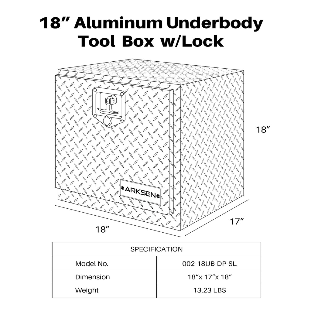 18" Aluminum Truck Underbody Diamond Plate ToolBox w/ T-Handle Latch Durable Pickup Trailer Storage Organizer Tool Box Key Lock, Silver