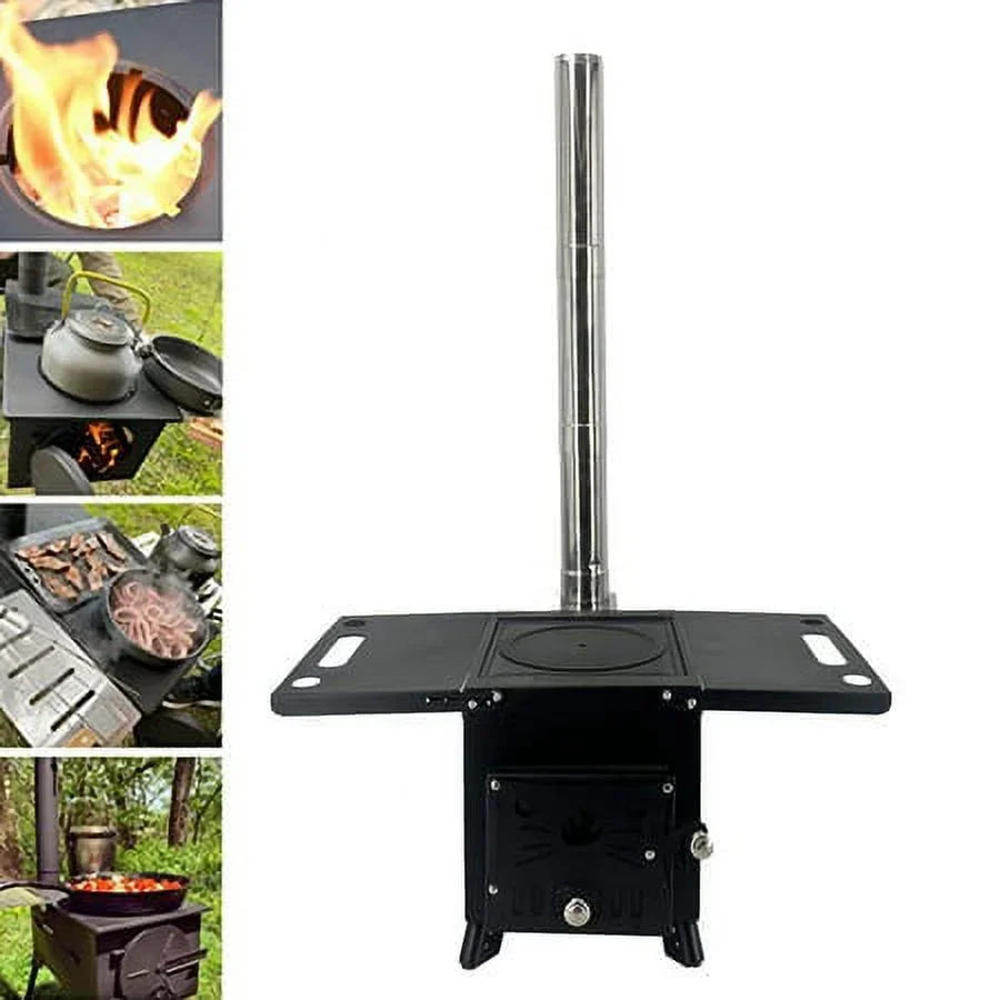 Portable Outdoor Wood Stove with Chimney Pipe, Cooking Heating Tool for Camping & Wild Survival