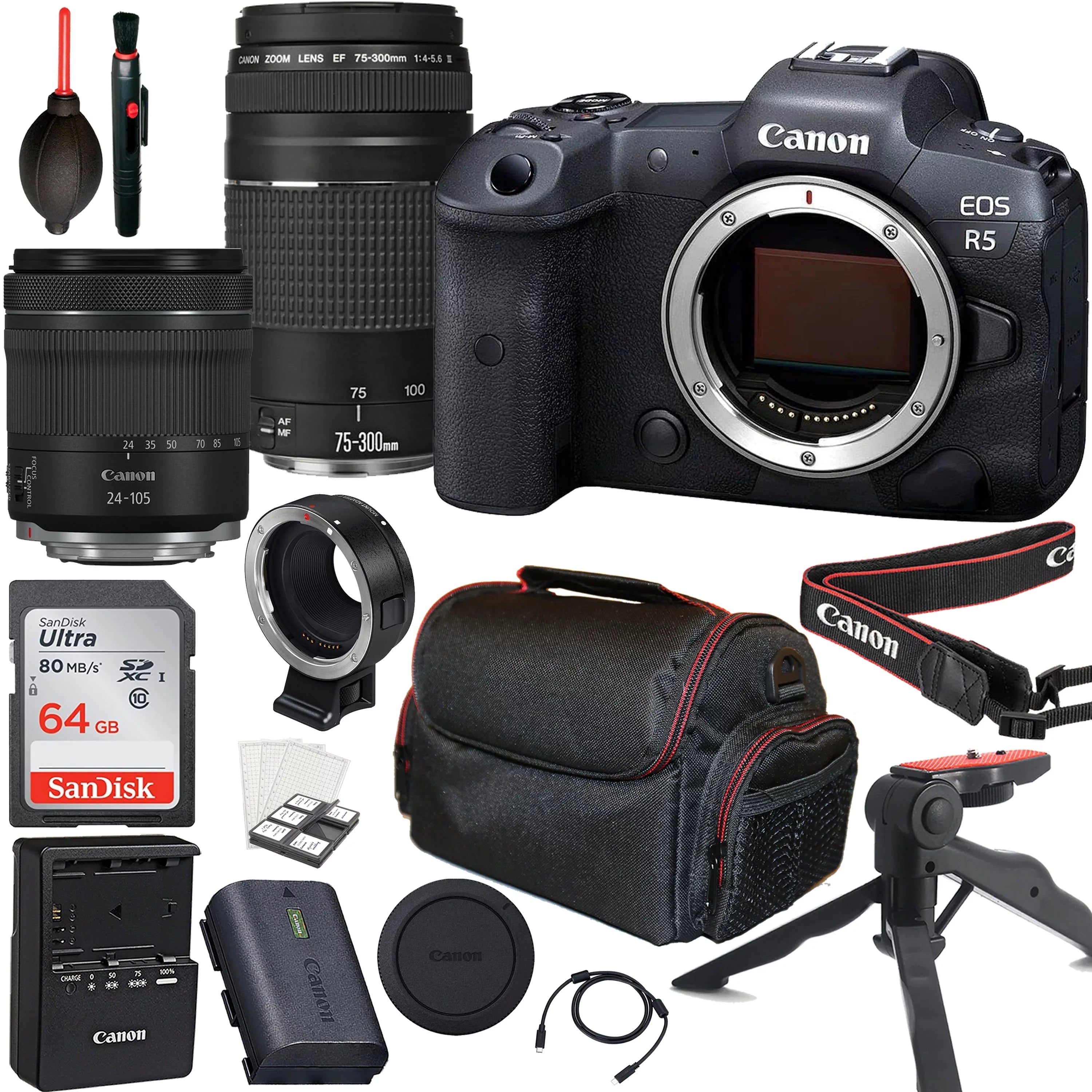 Canon  R5 Mirrorless Camera with  24-105mm f/4-7.1   Lens + Canon  75-300mm f/4-5.6  Lens + 64GB Memory Card + Tripod + Case & More