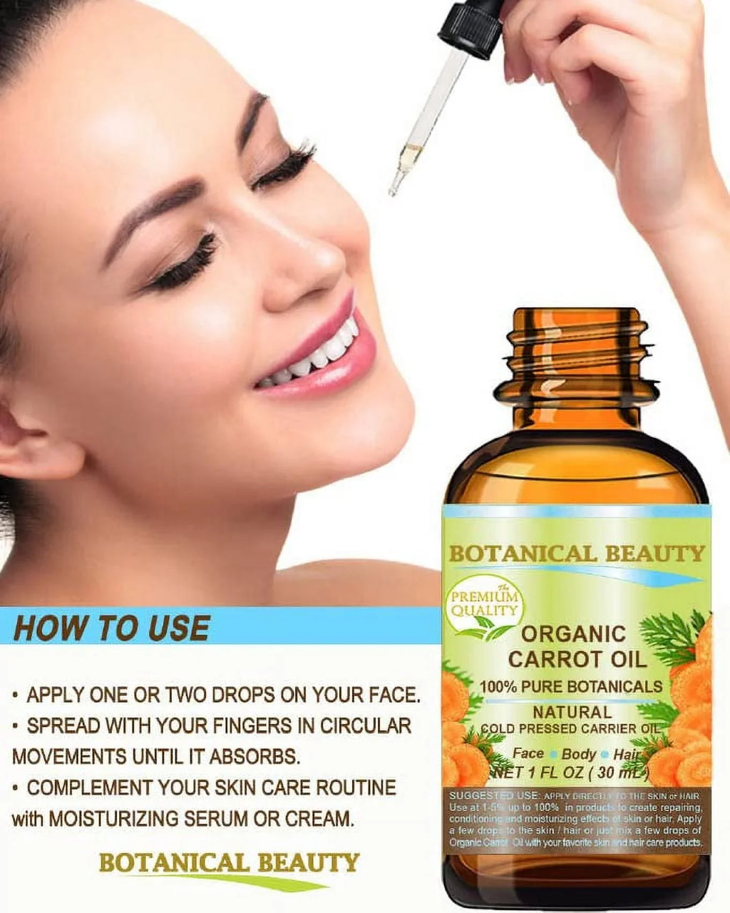 Botanical Beauty Organic Carrot Oil 100% Natural/Pure Botanicals/Cold Pressed Carrier Oil 1 Fl. Oz. -30 Ml. For Face, Body, Hair And Nail Care