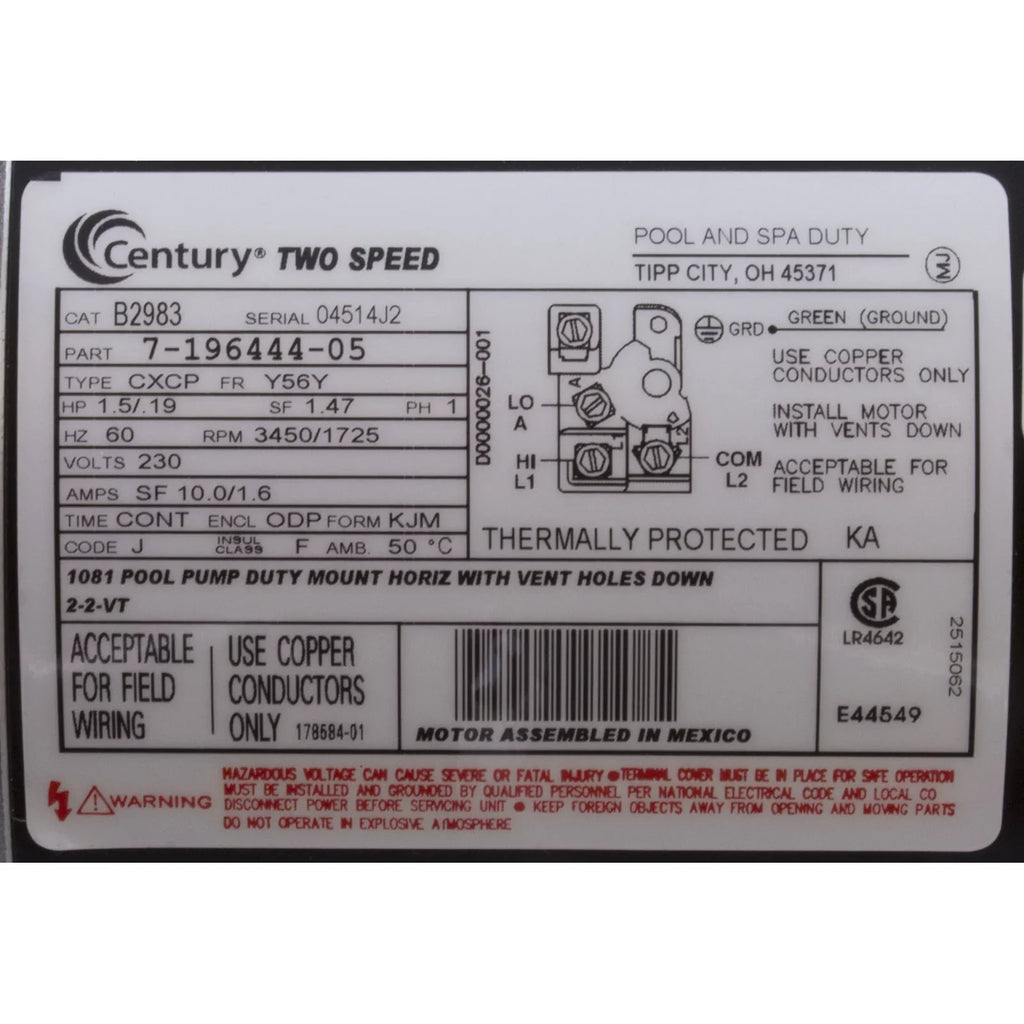 1.5 hp 2-Speed 48Y Frame 230V Square Flange Pool Motor Century # SQS1152R