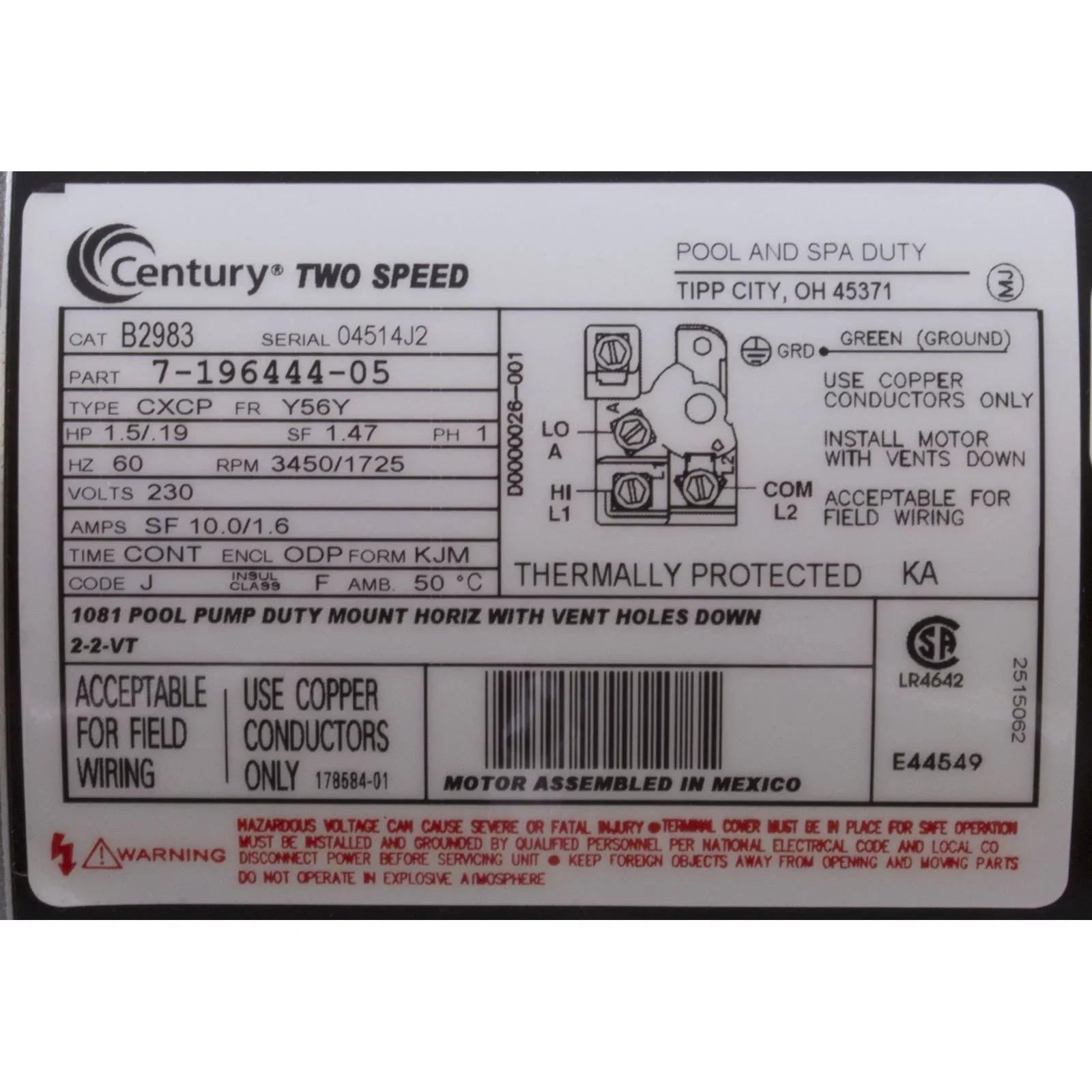 1.5 hp 2-Speed 48Y Frame 230V Square Flange Pool Motor Century # SQS1152R