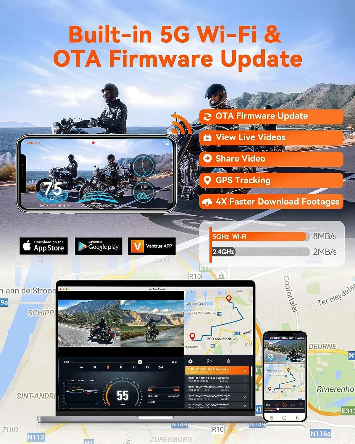 Vantrue F1 Motorcycle 4K Dashcam (4K + 1080P)  | WiFi | Parking Mode (No  Card)
