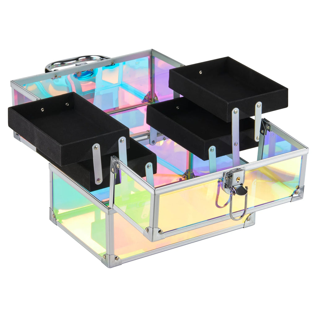 Makeup Train Case Cosmetics Organizer, Iridescent Translucent, 4 Trays, 6.7"x 9.85"x 7.9"