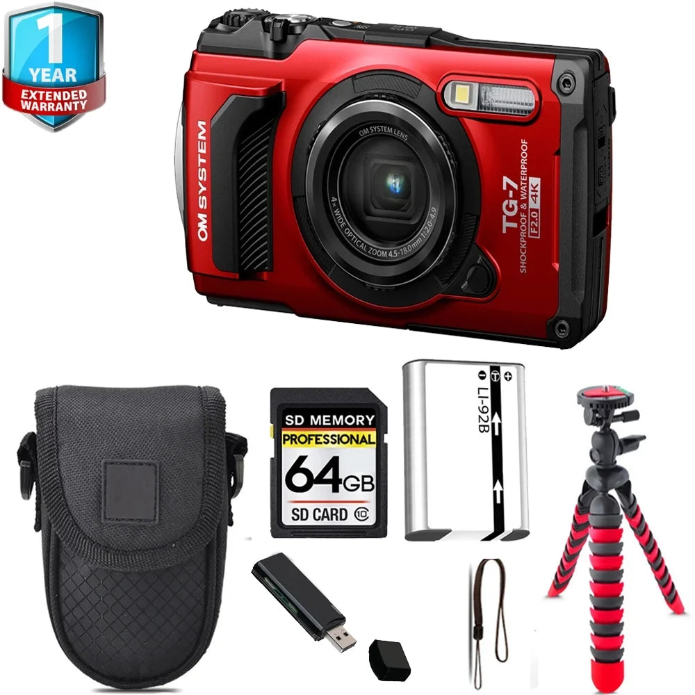 Olympus   Tough -7 Digital Camera (Red) + Tripod + 1 Yr Warranty - 64GB Kit