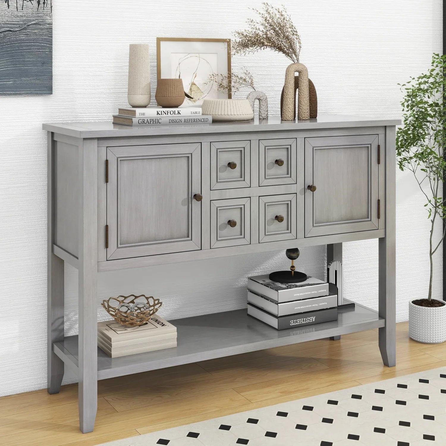 Vintage Ample Storage Cambridge Series Espresso Console Table with Four Small Drawers and Bottom Shelf for Living Rooms  Entrances  and Kitchens -  (  WF190263AAP)