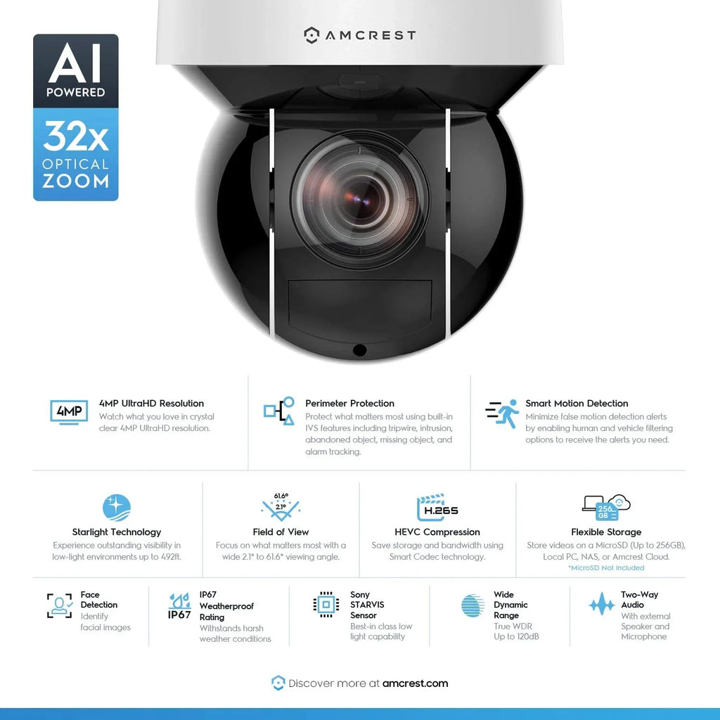 Amcrest 4MP Outdoor   +  Camera Pan Tilt Zoom (Optical 32x Motorized) UltraHD + Camera Security Speed Dome, People and Vehicle Detection , 492ft Night Vision + (802.3at) IP4M-1083EW-