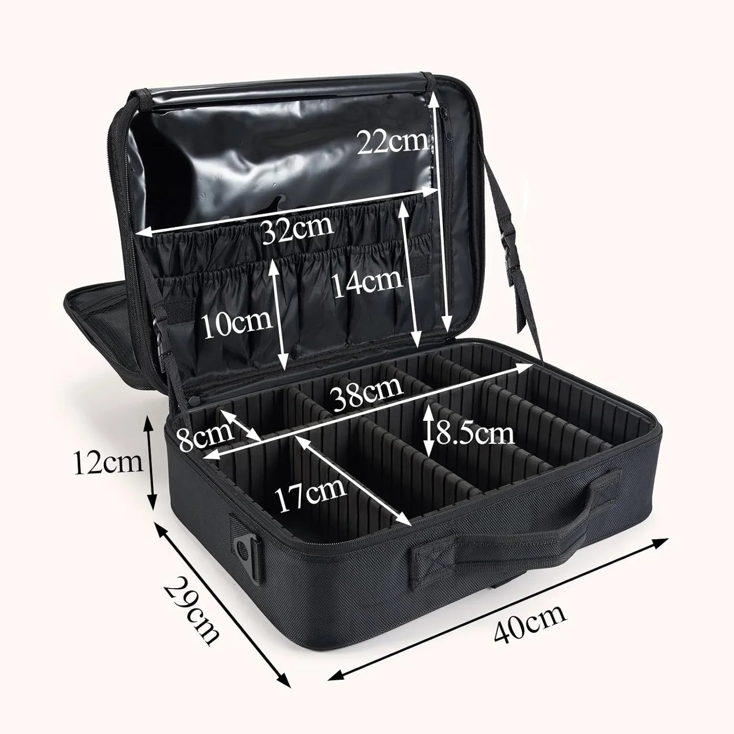 Extra Large Travel Makeup Bag Cosmetic Case Organizer Beauty Train Case with Shoulder Strap and Dividers Compartment, Black