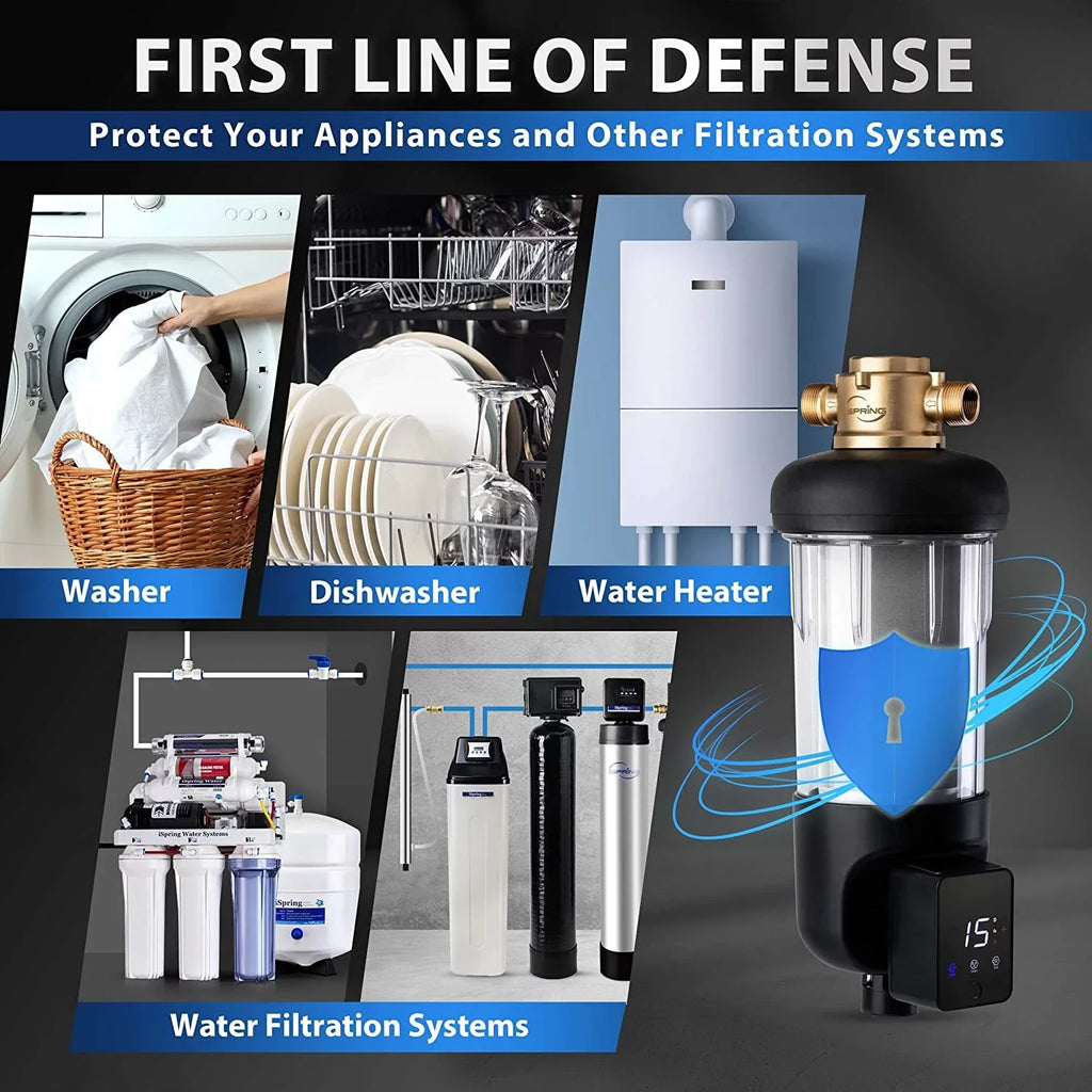 iSpring WSP50ARJ Spin-Down Sediment Water Filter, Upgraded Jumbo Size, Large Capacity, Reusable with Touch-Screen Auto Flushing Module, Brass Top Clear Housing, 50 Microns