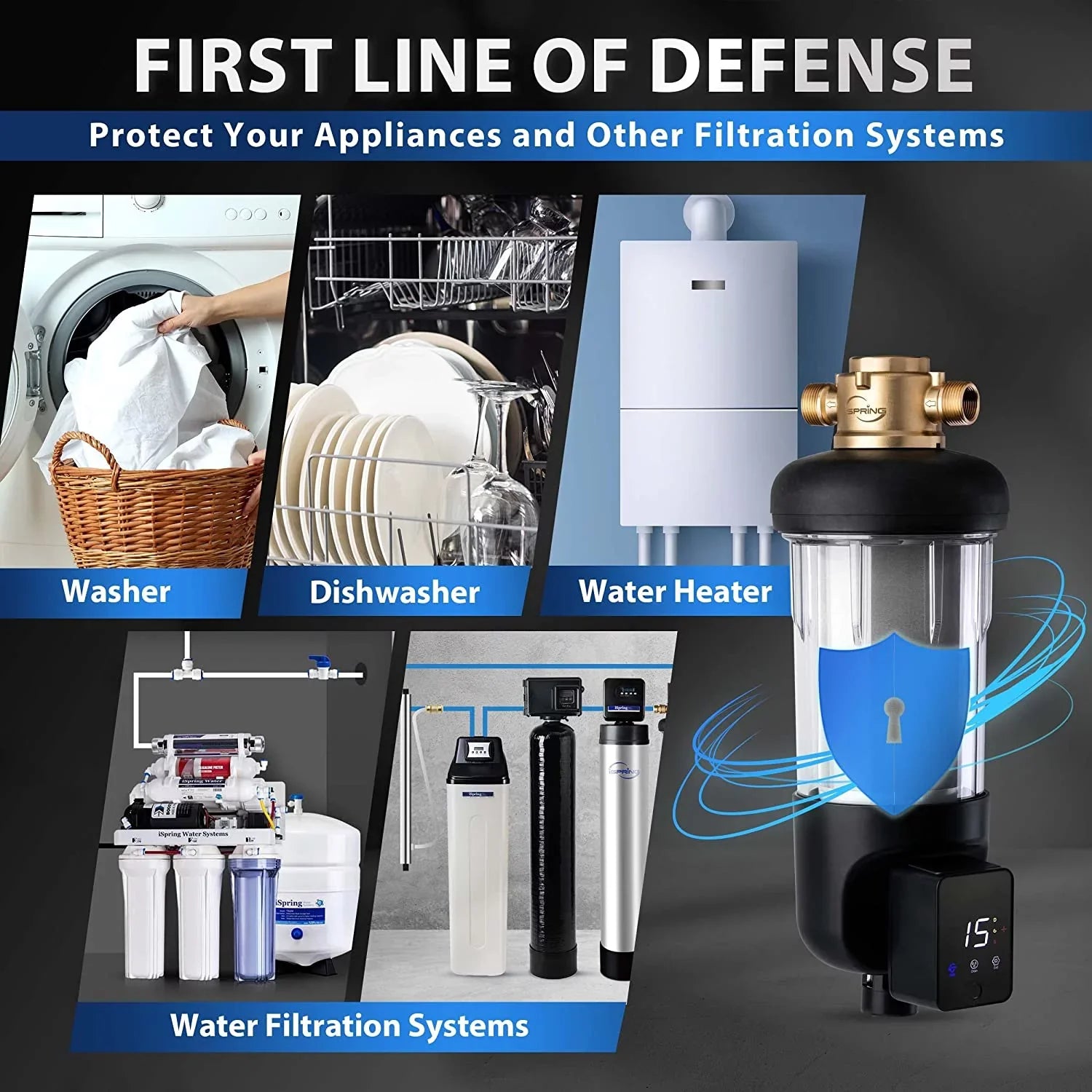 iSpring WSP50ARJ Spin-Down Sediment Water Filter, Upgraded Jumbo Size, Large Capacity, Reusable with Touch-Screen Auto Flushing Module, Brass Top Clear Housing, 50 Microns
